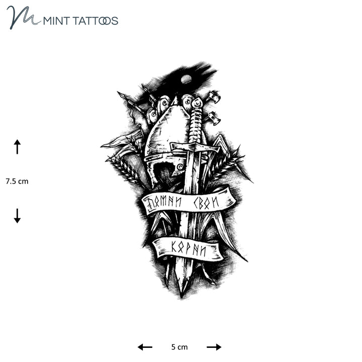Temporary tattoo from Mint Tattoos. An intricate design with a sword and some illegible text on banners