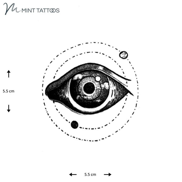 Temporary tattoo from Mint Tattoos hand drawn type image of a staring eye with 2 dotted circles around it