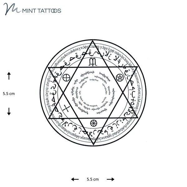 Temporary tattoo from Mint Tattoos. Black circle with a 6 pointed star