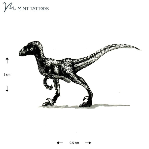 Temporary tattoo from Mint Tattoos. Hand drawn type image of walking tyrannosaurus dinosaur