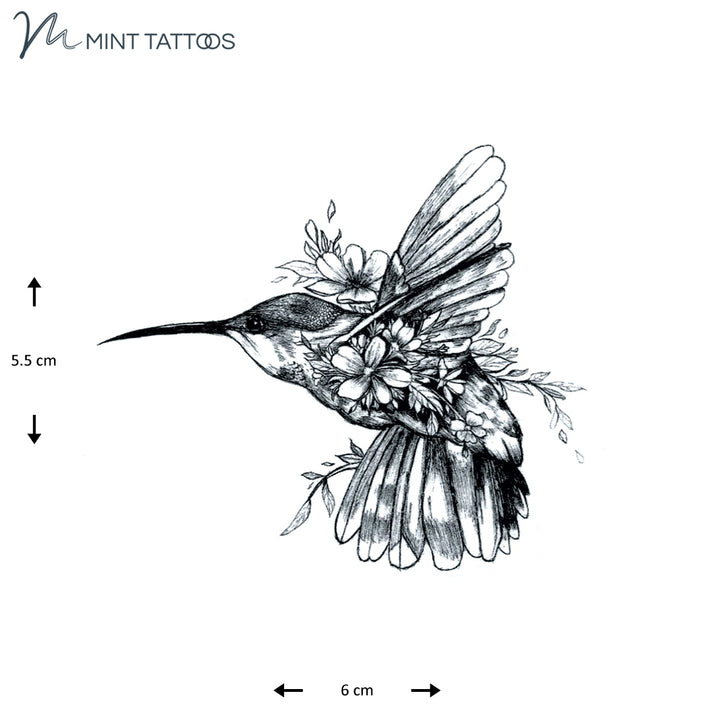 Temporary tattoo from Mint Tattoos. Very detailed drawn hummingbird and floral design. Measures 5.5 x 6 cm