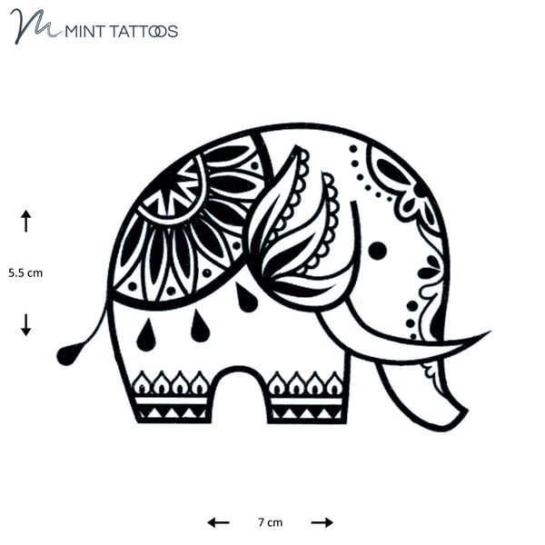 Temporary tattoo from Mint Tattoos. Simple drawn graphic of an elephant with henna type designs. Measures 5.5 x 7 cm