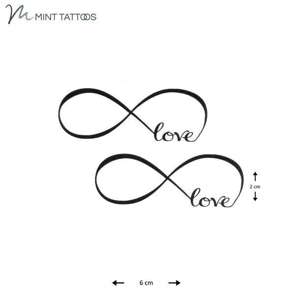 Temporary tattoo from Mint Tattoos. Infinity symbol with the word love in it. 2 quantity, each measures 2 x 6 cm