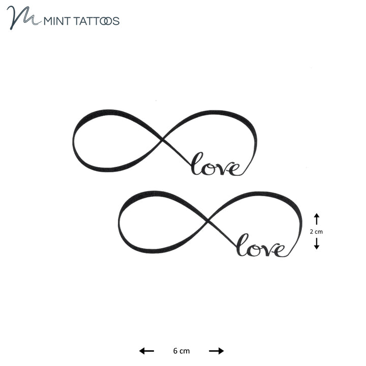 Temporary tattoo from Mint Tattoos. Infinity symbol with the word love in it. 2 quantity, each measures 2 x 6 cm