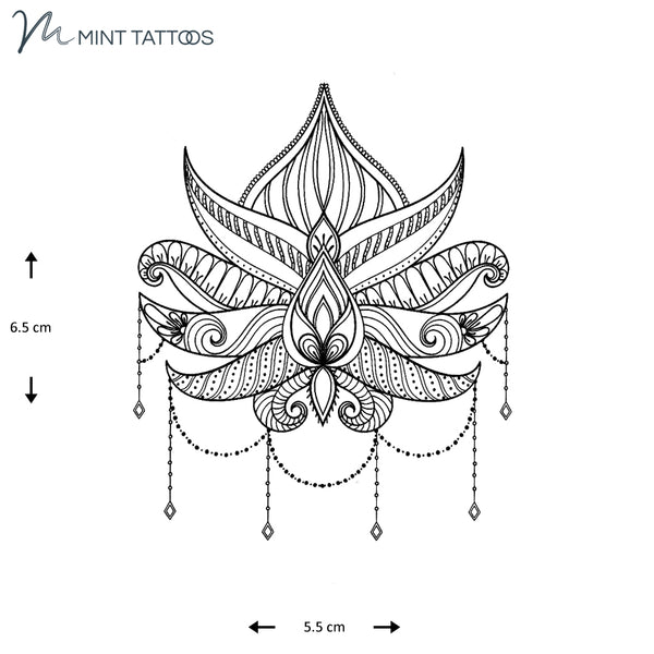 Temporary tattoo from Mint Tattoos. Intricate jeweled design in a lotus flower shape