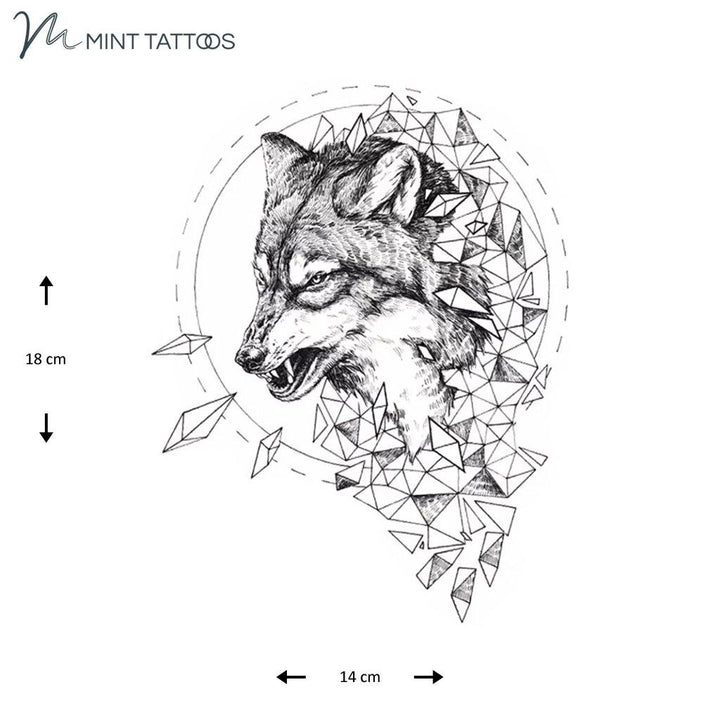 Temporary tattoo from Mint Tattoos. Snarling wolf head hand drawn. Back area is geometric shapes appearing to break apart. Measures 14 x 18 cm