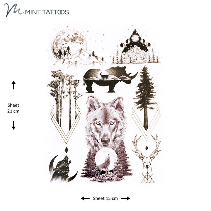 15 x 21 cm sheet has 8 different nature inspired tattoos.  2 different mountains with moons, 2 different howling wolf, outline of an elk, 2 different tree designs both with geometric influences and a rhinoceros