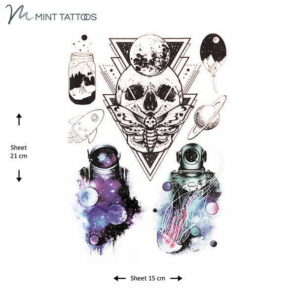 15 x 21 cm sheet has 7 different tattoos. The largest is a skull with a moth and a moon with a multiple triangle background.  1 astronaut, 1 scuba diver, 1 rocket, 1 planet a 2 additional images