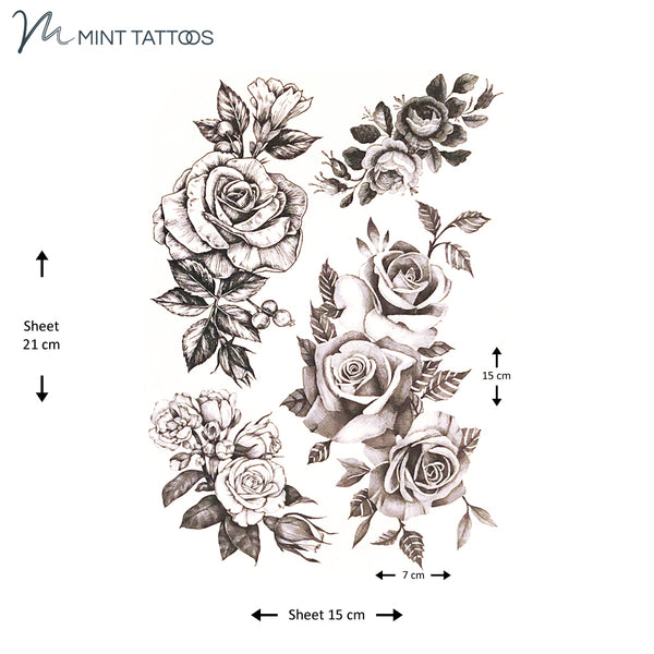 Temporary tattoo from Mint Tattoos. 15 x 21 cm sheet has 4 different pencil drawn rose tattoos.