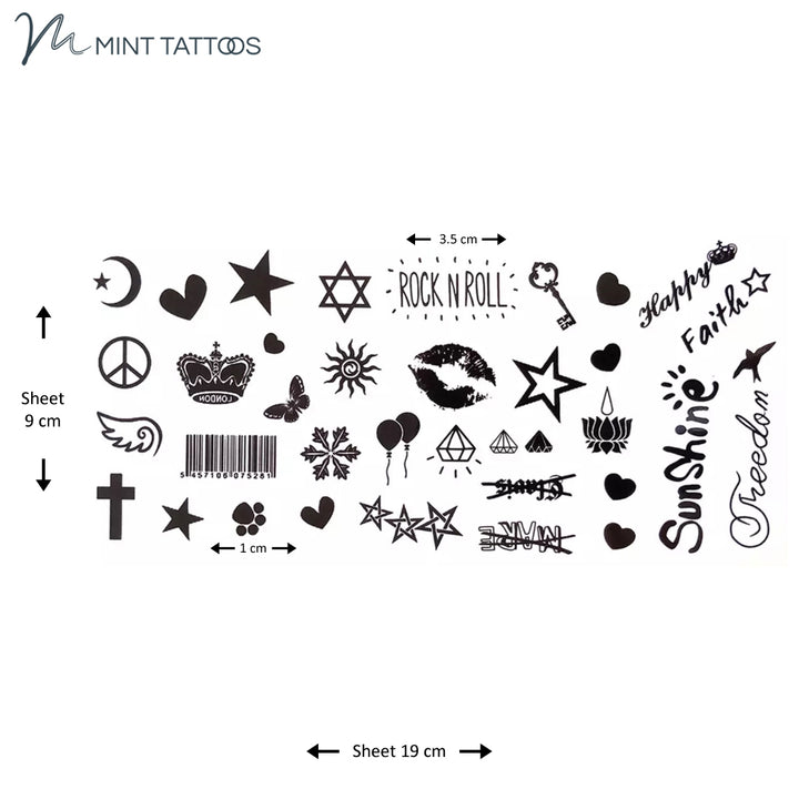 9 x 19 cm sheet has many different small tattoos (approx. 35).  Includes lips, stars, paw, cross, peace, barcode, balloons, "rock n roll" and much more