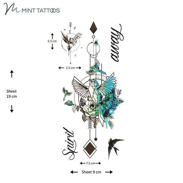 9 x 19 cm sheet is a bundle of 5 different tattoos. Main image is open winged bird with roses and a geometric design in black, blue and green. Also includes "Spirit" and "away" script text.