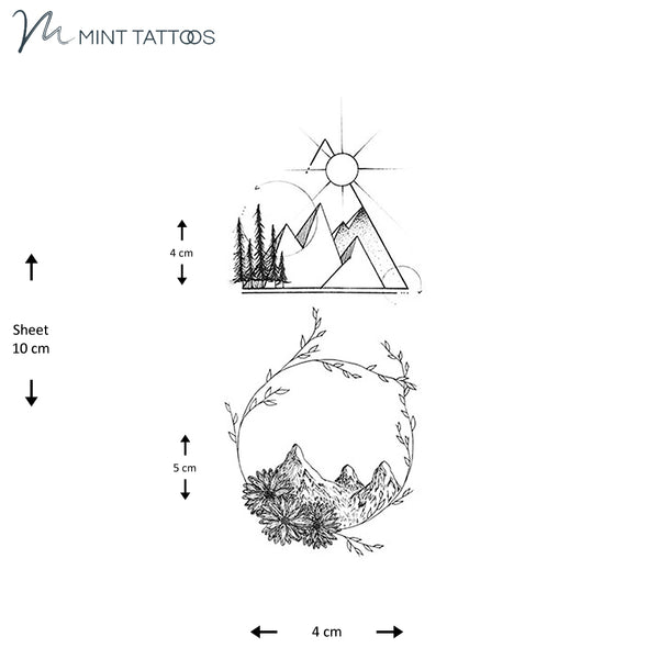 Temporary tattoo from Mint Tattoos.  2 small tattoos both mountain outlined nature scene