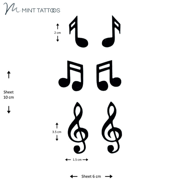 Temporary tattoo from Mint Tattoos. Small black music notes, 3 styles and 2 qty of each. 6 in total