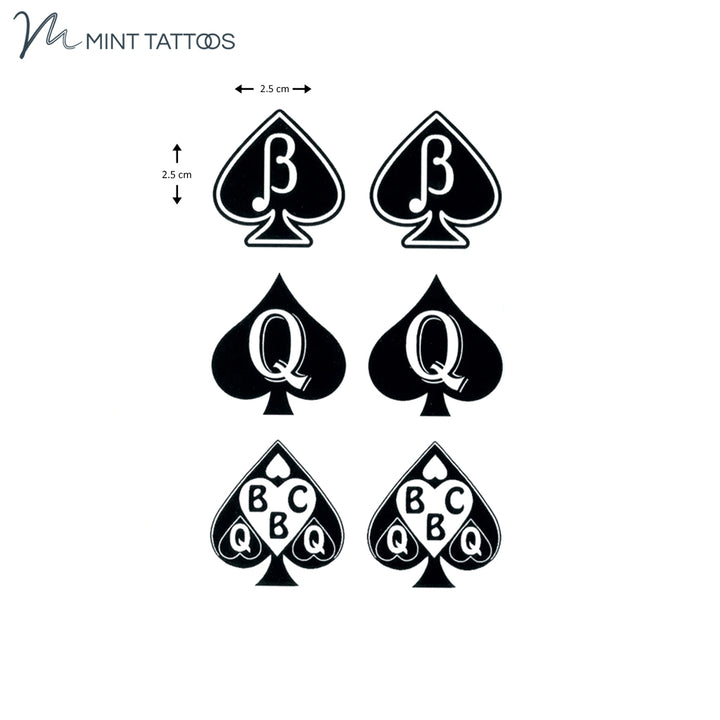 Temporary tattoo from Mint Tattoos.  3 different designs of black spades, 2 of each. 6 small tattoos in total