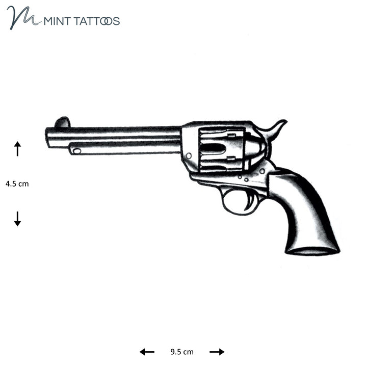 Temporary tattoo from Mint Tattoos. Black hand drawn image of a revolver.