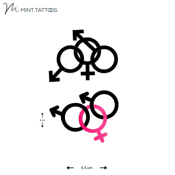 Temporary tattoo from Mint Tattoos. Three male and female symbols. 2 quantity, each slightly different