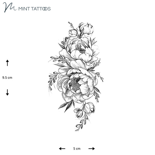 Temporary tattoo from Mint Tattoos. Black outlined peony type flowers and leaves