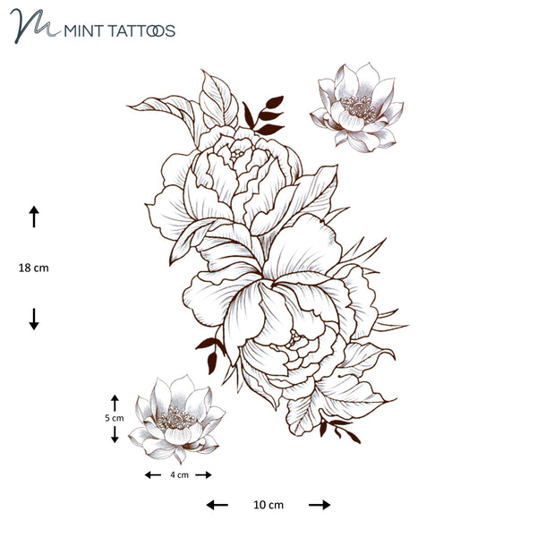 Temporary tattoo from Mint Tattoos. 3 tattoos; main image is outline style of 2 large peony flowers. Other 2 images are smaller single lotus flowers.