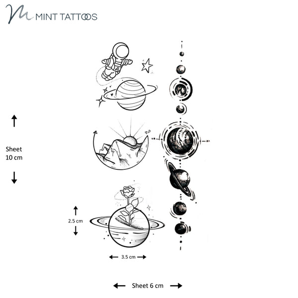 6 x 10 cm sheet has 4 different small tattoos. 1 string of planets, 2  planet tattoos and 1 of mountains and sun