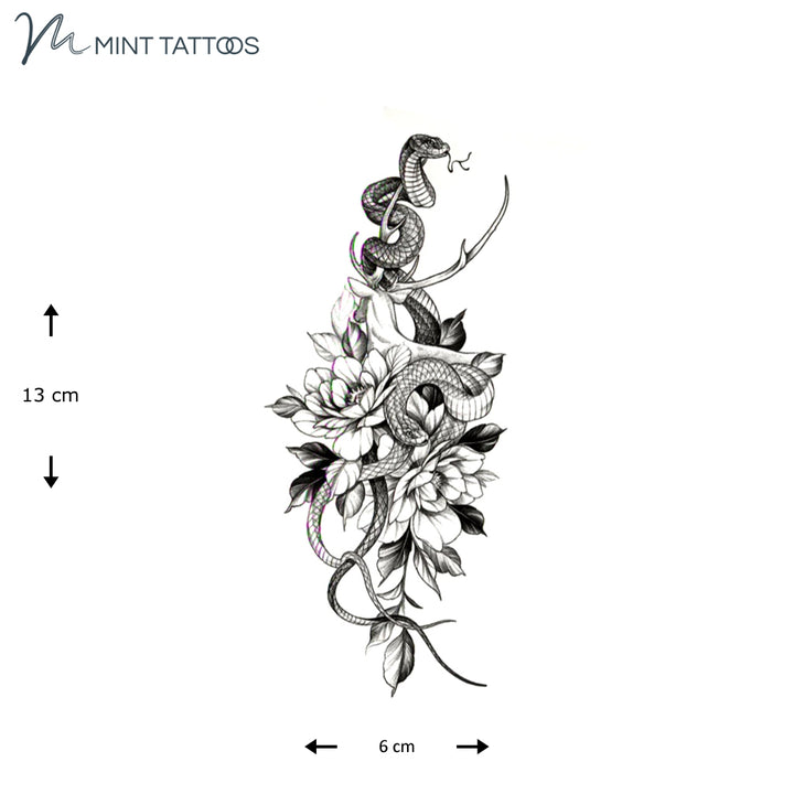 Temporary tattoo from Mint Tattoos. Hand drawn bouquet of flowers with a single long snake wound throughout. 6 x 13 cm