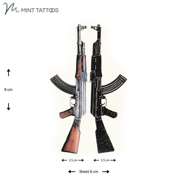 Temporary tattoo from Mint Tattoos. 2 machine guns; one is a black side silhouette and the other looks more realistic in color