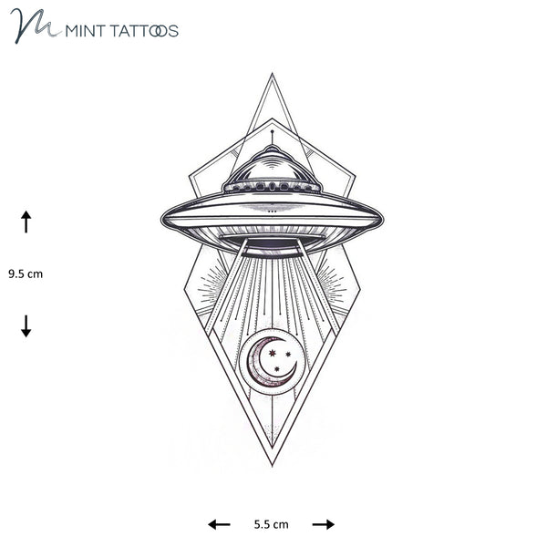 Temporary tattoo from Mint Tattoos. Black outline spaceship with beams, a moon and geometric lines