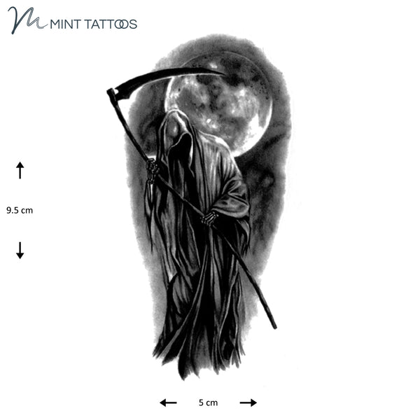 Temporary tattoo from Mint Tattoos. Dark image, 5 x 9 cm, of a grim reaper in front of a moon and shaded background