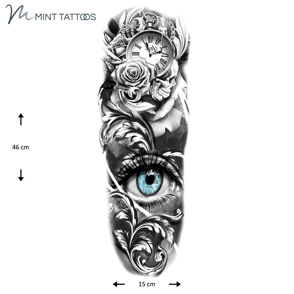 Full sleeve temporary tattoo. A collage image including a pocket watch, roses, scroll designs and a prominent female eye in blue; rest of image is not in color