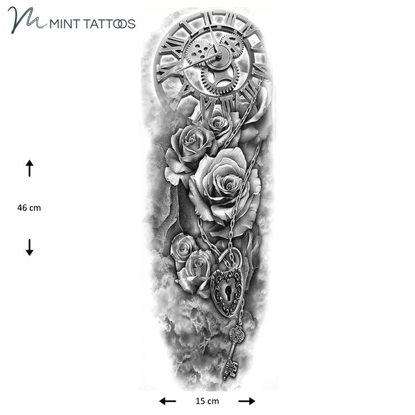 Full sleeve temporary tattoo. A collage image including a clock with gears, roses, a chain with an open heart lock and a key