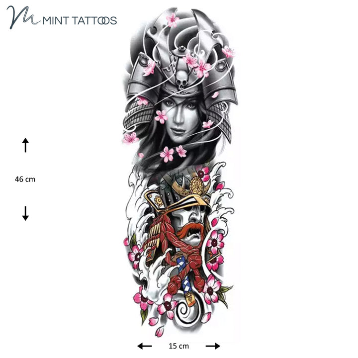 Full sleeve temporary tattoo. Japanese style collage in black and color, includes a female warrior with water and cherry blossoms throughout