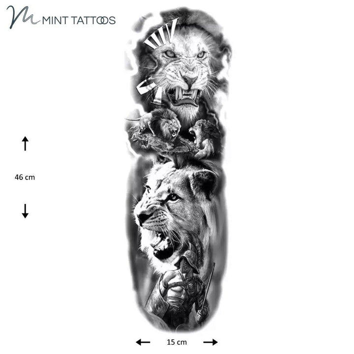 Full sleeve temporary tattoo. Includes 2 large growling lions, 2 smaller lions facing off in the centre and a warrior