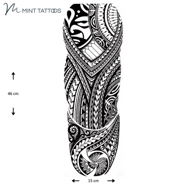 Full sleeve temporary tattoo. A bold Polynesian style tribal design in black