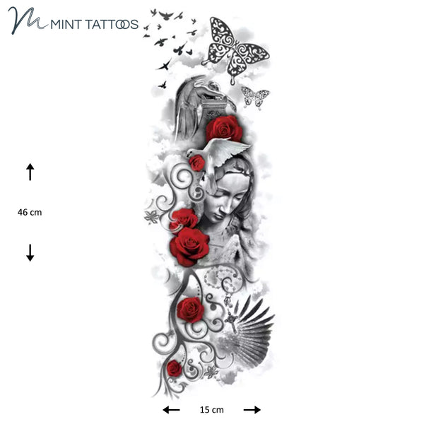 Full sleeve temporary tattoo. A collage image including a female holy figure, a rosary, scroll designs, butterflies and birds.  Features red roses throughout 