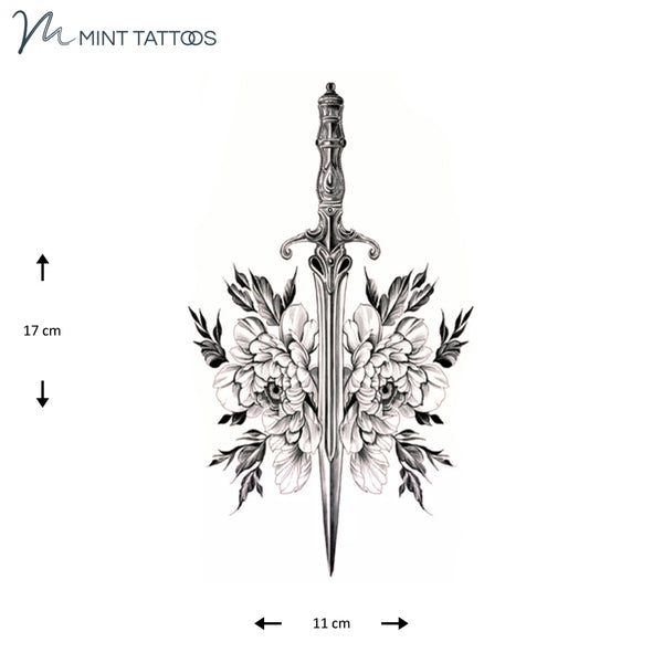 Temporary tattoo from Mint Tattoos. Standing sword facing downward with a large peony style flower on each side of the blade. Measures 11 x 17 cm