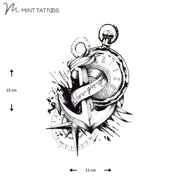 Temporary tattoo from Mint Tattoos. An anchor with a ribbon that says "never give up" in front of a compass and a pocket watch. Measures 11 x 15 cm