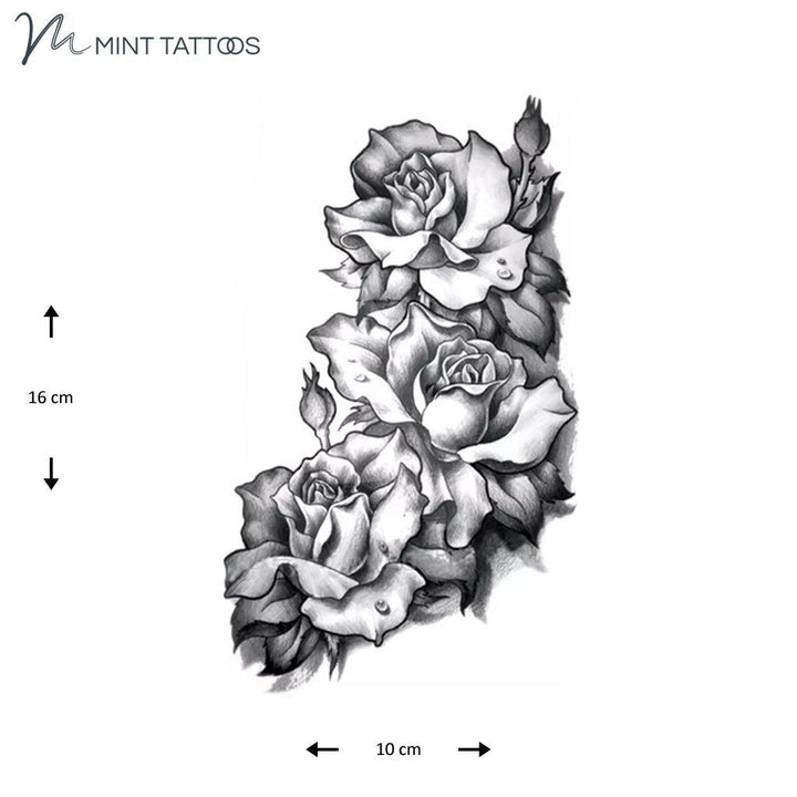 Temporary tattoo from Mint Tattoos. 3 large petal roses that look hand drawn and shaded to appear 3 dimensional