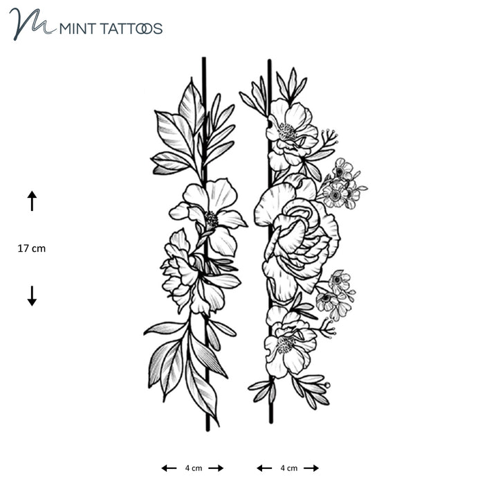 Temporary tattoo from Mint Tattoos. 2 images, both similar. A straight, vertical line with flowers and leaves. Each measures 4 x 17 cm