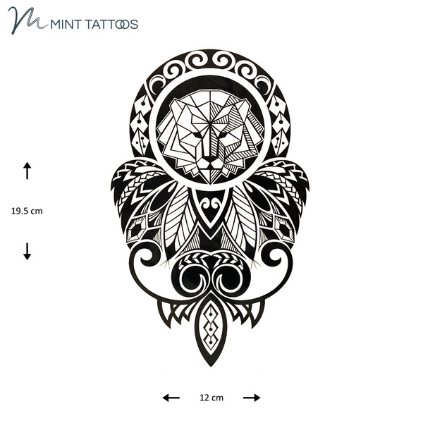 Temporary tattoo from Mint Tattoos.  Bold black design with tribal flair includes a lion head. Measures 12 x 19 cm