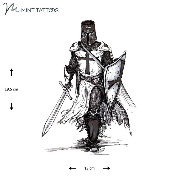 Temporary tattoo from Mint Tattoos Warrior with cross on armor, sword and shield