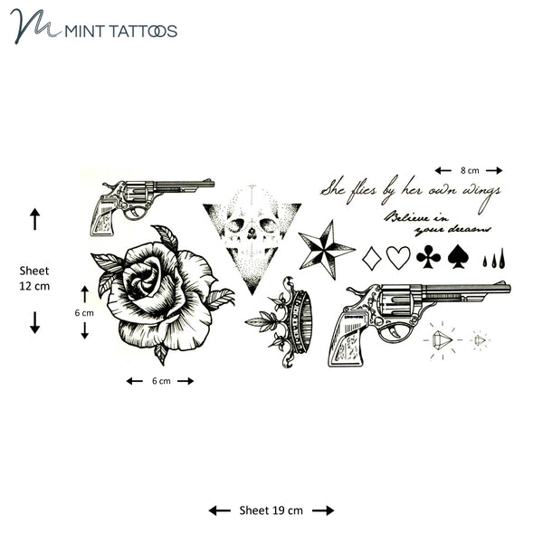 Temporary tattoo from Mint Tattoos.  12 x 19 cm bundle sheet contains many different tattoos. Includes a rose, skull, crown, guns, quotes and more