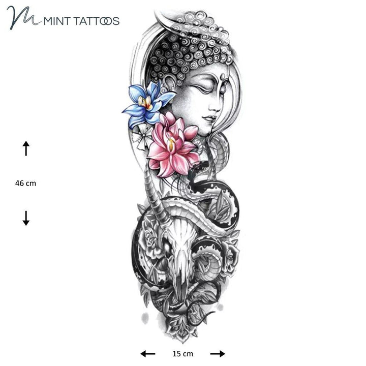 Full sleeve temporary tattoo. Japanese style collage done in black except for 1 blue and 1 pink flower.  Includes a Buddha image and an animal skull with a snake