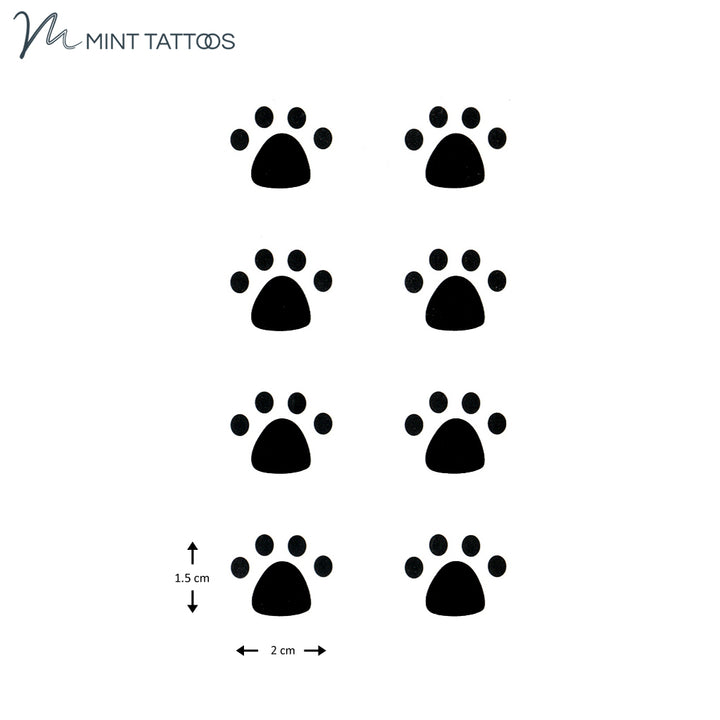 Temporary tattoo from Mint Tattoos.  Simple black paw print. 8 quantity, each measures 1.5 x 2 cm