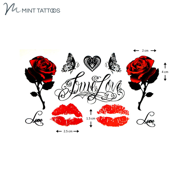 Temporary tattoo from Mint Tattoos. 6 x 10.5 cm sheet bundle has 10 tattoos including roses, lips, script "True Love" and more
