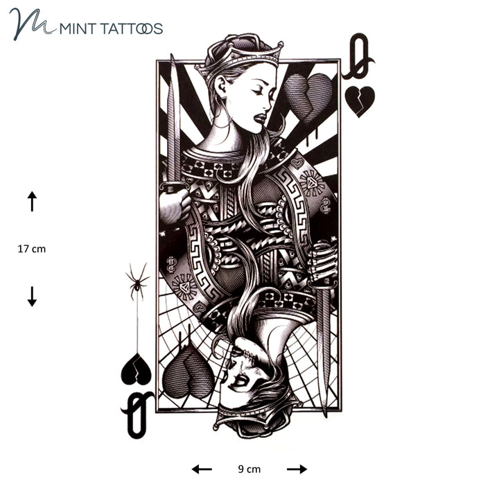 Temporary tattoo from Mint Tattoos. Intricate black queen of hearts card. A skeleton version of the top queen is upside down.