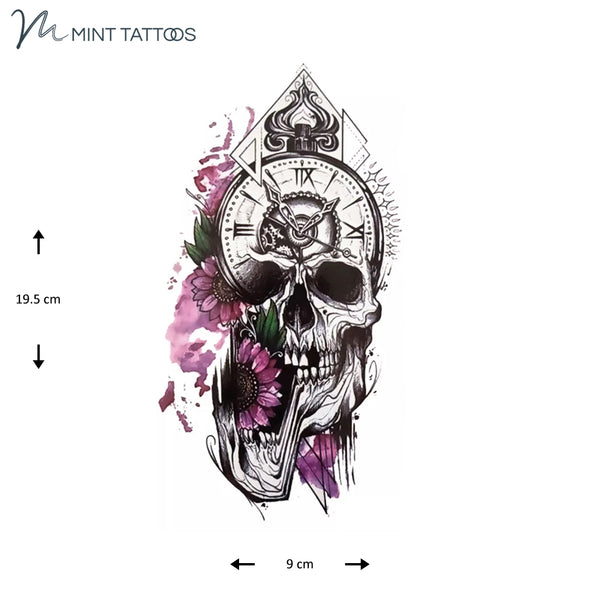 Temporary tattoo from Mint Tattoos. A skull with a watch face for part of the head surrounded by some purple color sunflowers and leaves.