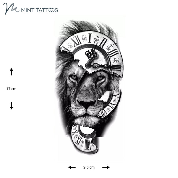 Temporary tattoo from Mint Tattoos. A clock broken into 3 pieces is randomly placed over a stoic lion face. Measures 9 x 17 cm